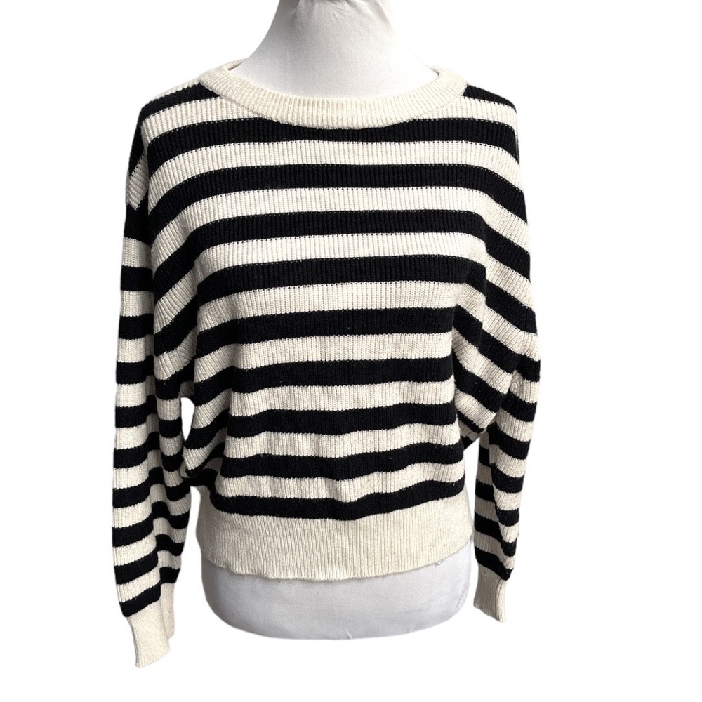 Zara Knit Striped Cropped Viscose Blend Sweater Black Cream Size Medium